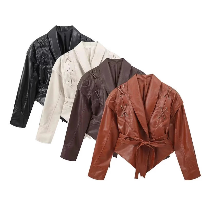 Women short jacket in velour look with shawl collar, belt at waist and decorative lacing Fashion Glam