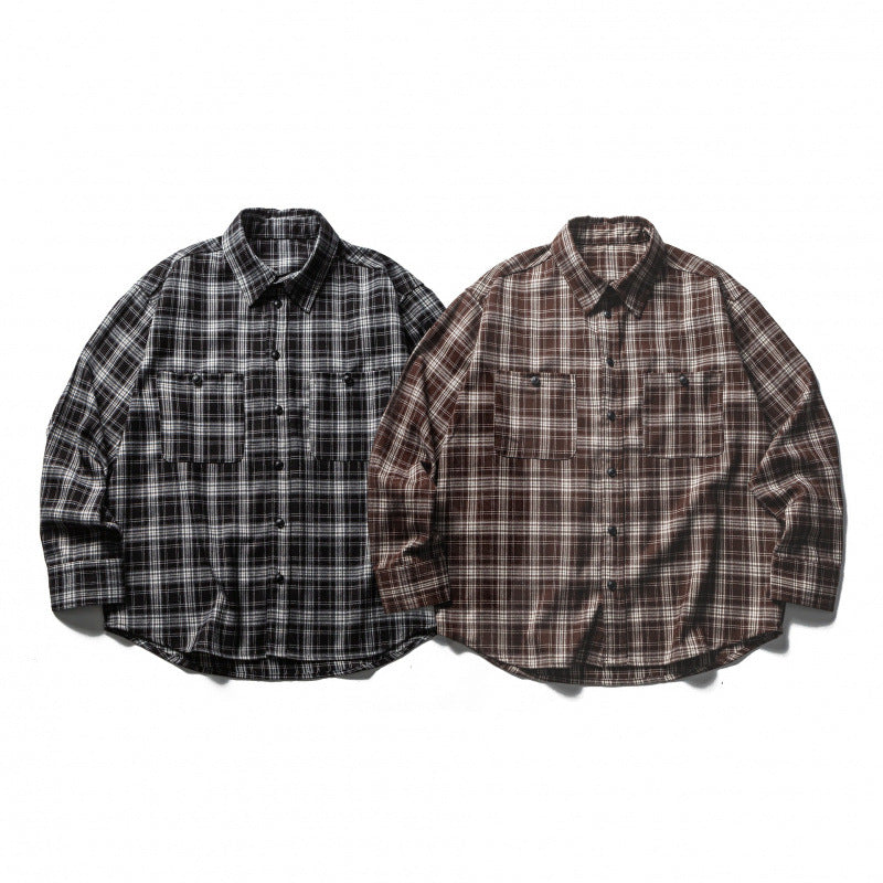 Men's Boxy Flannel Overshirt with Check Pattern, Full Button Placket and Curved Hem Fashion Glam
