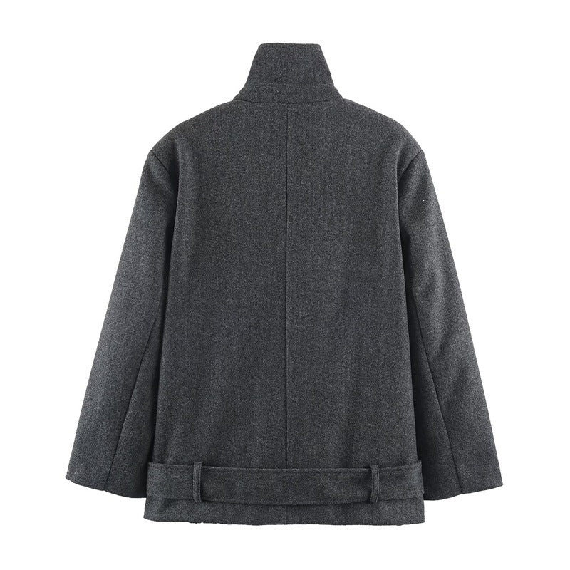Men's short double-breasted wool coat with stand collar and waist belt Fashion Glam