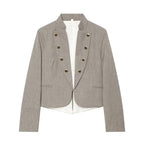 Ladies short blazer in military style with stand-up collar, double-breasted decorative button placket and tailored silhouette Fashion Glam
