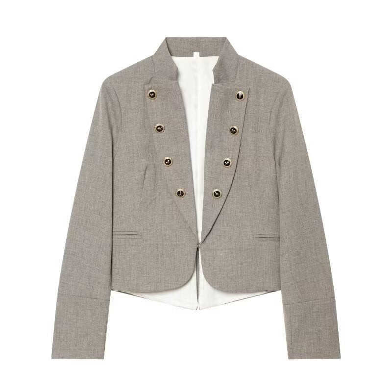 Ladies short blazer in military style with stand-up collar, double-breasted decorative button placket and tailored silhouette Fashion Glam