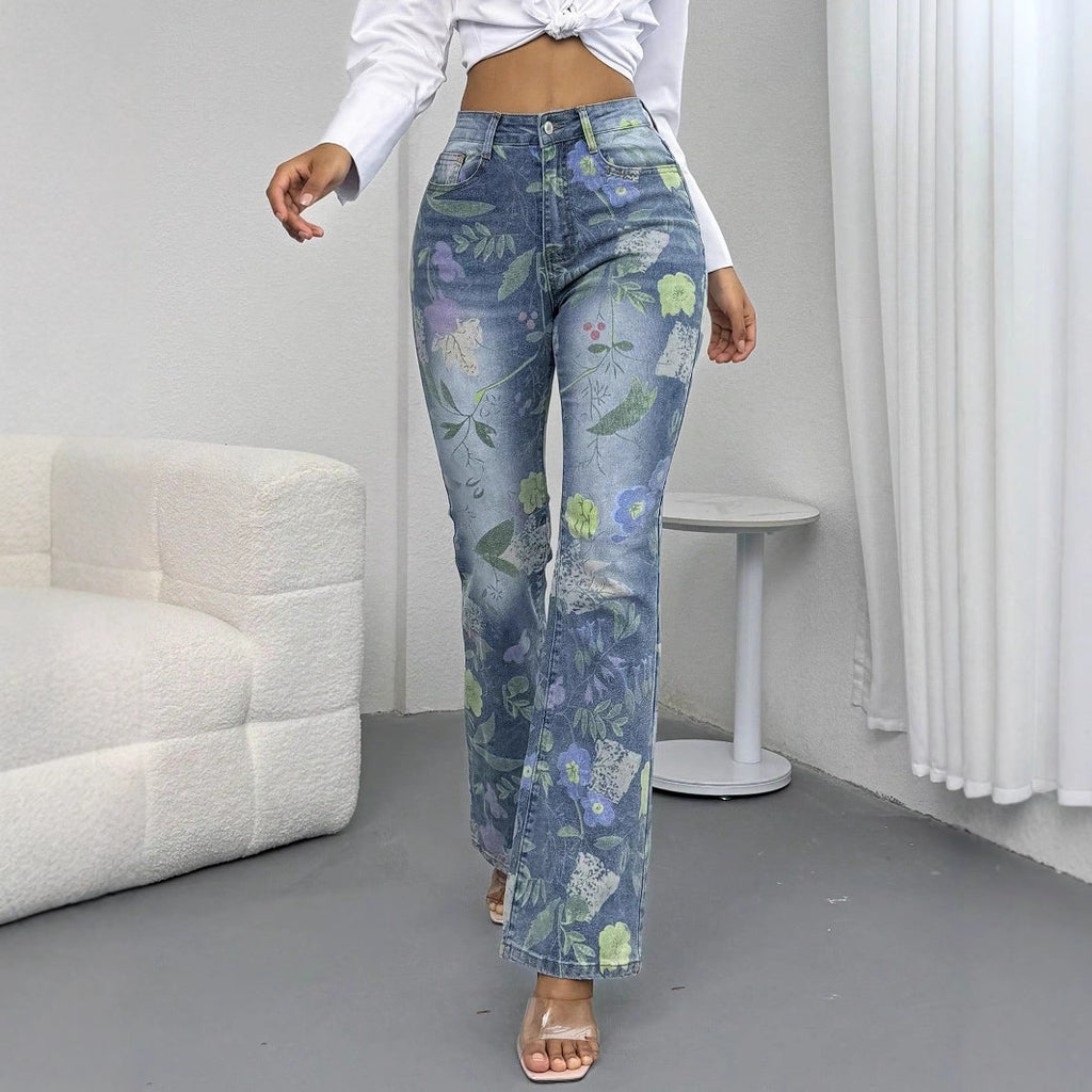 Women's High-Waisted Floral Print Denim Jeans in Light Flared-Straight Cut Fashion Glam
