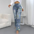 Women's High-Waisted Floral Print Denim Jeans in Light Flared-Straight Cut Fashion Glam