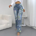 Women's High-Waisted Floral Print Denim Jeans in Light Flared-Straight Cut Fashion Glam