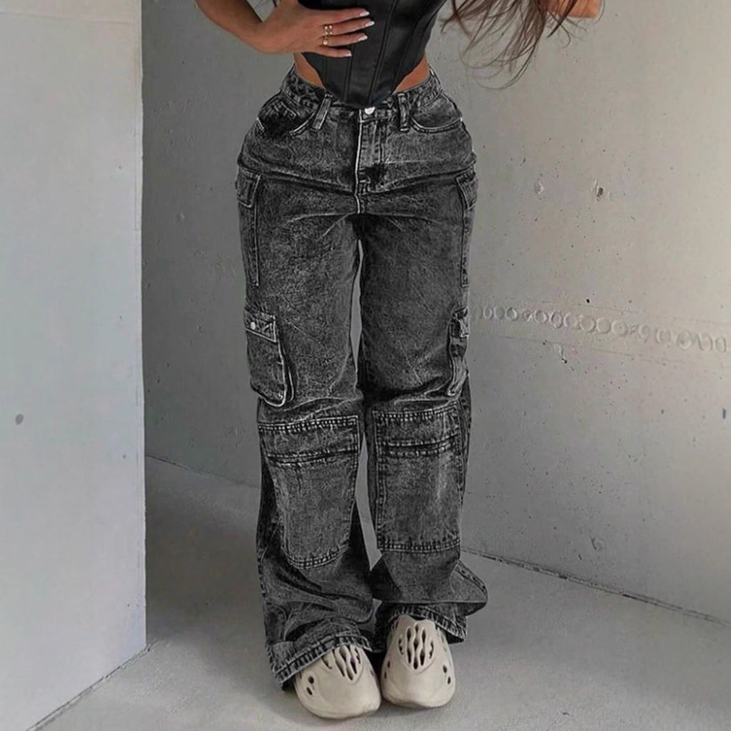 Women's Cargo Denim Pants with High Waist, Loose Baggy Cut and Functional Flap Pockets Fashion Glam