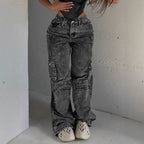 Women's Cargo Denim Pants with High Waist, Loose Baggy Cut and Functional Flap Pockets Fashion Glam