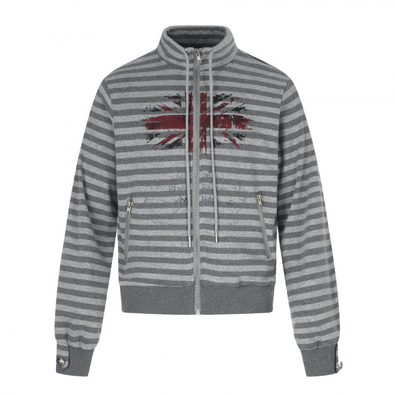 Unisex Striped Zip Hoodie with Troyer Collar, Chest Print, and Zipper Pockets Fashion Glam