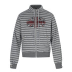Unisex Striped Zip Hoodie with Troyer Collar, Chest Print, and Zipper Pockets Fashion Glam