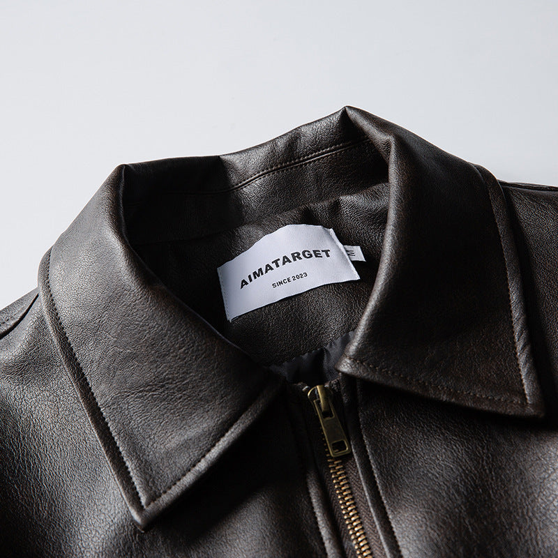 Men's leather bomber jacket in boxy cut with full-length zipper and ribbed hem Fashion Glam