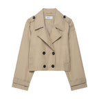 Women's Cropped Double-Breasted Trench Coat with Epaulettes, Wide Lapels and Adjustable Sleeve Straps Fashion Glam