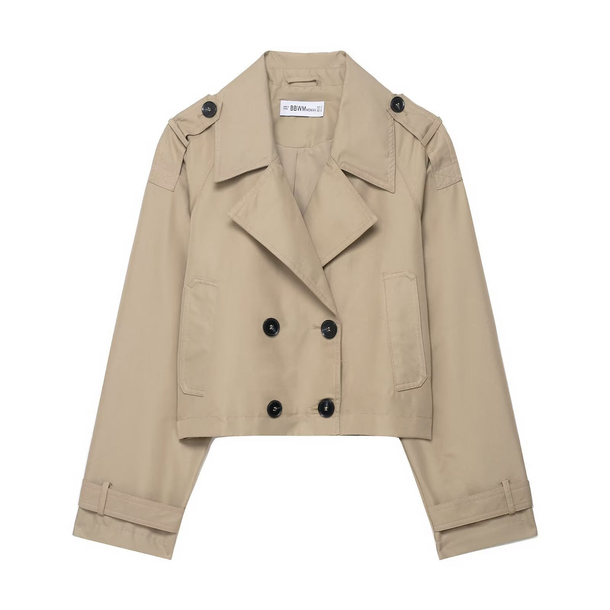 Women's Cropped Double-Breasted Trench Coat with Epaulettes, Wide Lapels and Adjustable Sleeve Straps Fashion Glam