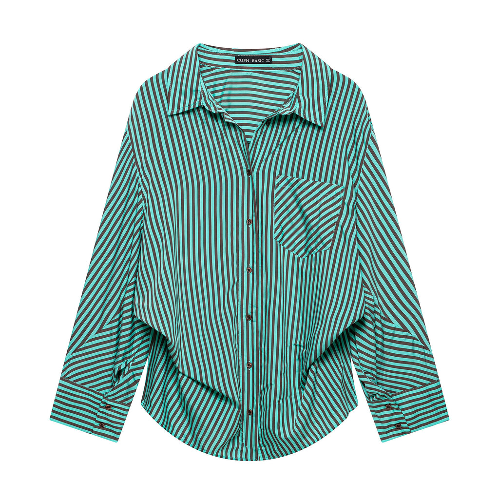 Women's Striped Oversized Shirt Blouse with Chest Pocket and Wide Cuffs Fashion Glam