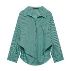Women's Striped Oversized Shirt Blouse with Chest Pocket and Wide Cuffs Fashion Glam