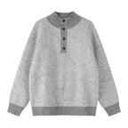 Unisex Boxy knit sweater with Henley button placket and raised ribbed collar Fashion Glam