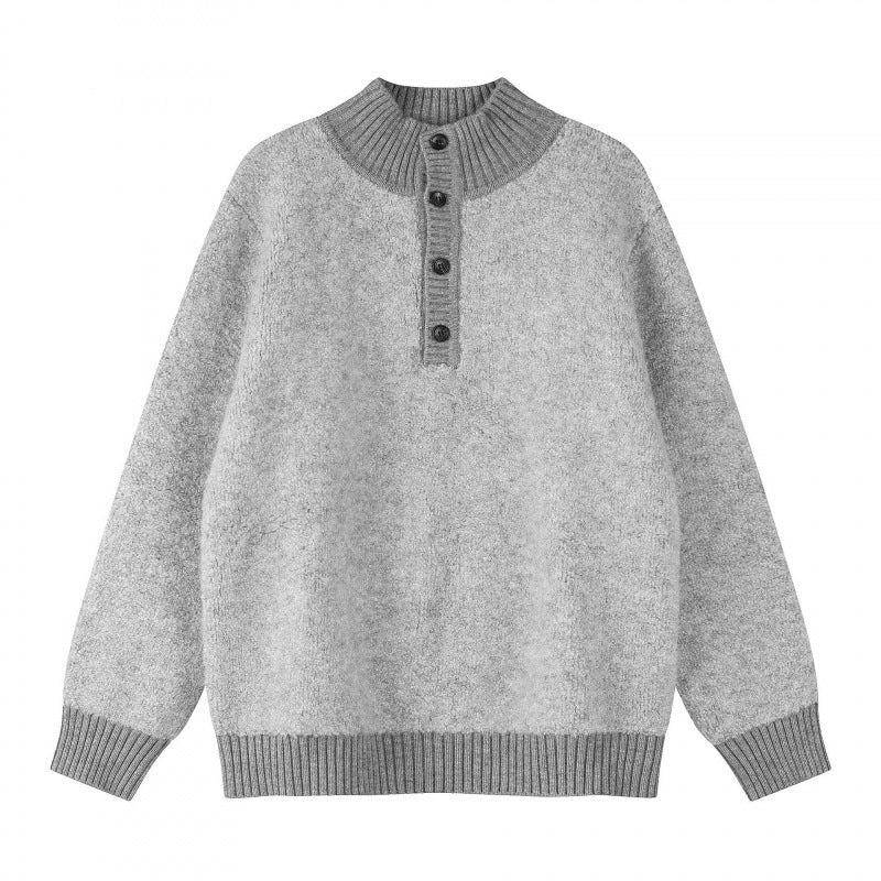 Unisex Boxy knit sweater with Henley button placket and raised ribbed collar Fashion Glam