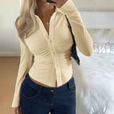 Women Tailored Buttonable Ruffle Top with V-Neck and Figure-Shaping Gather Fashion Glam