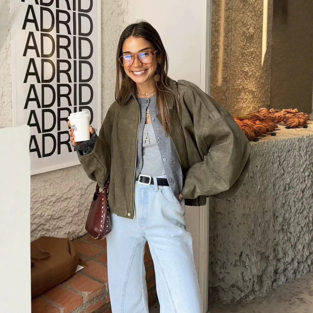 Women's Short Boxy Jacket in Oversized Suede Look with Balloon Hem Fashion Glam