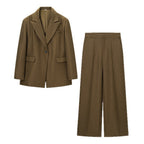 Women's Two-Piece Wool Blend Business Set with Loose Blazer and High-Cut Palazzo Pants Fashion Glam