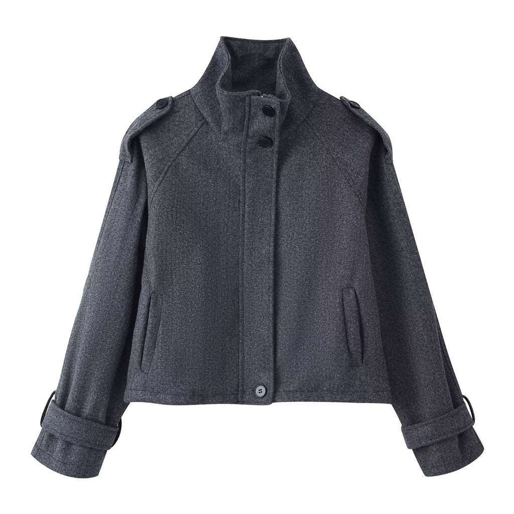 Women Short Wool Blend Jacket with Stand-Up Collar, Shoulder Flaps and Adjustable Cuffs Fashion Glam