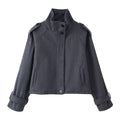 Women Short Wool Blend Jacket with Stand-Up Collar, Shoulder Flaps and Adjustable Cuffs Fashion Glam