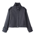 Women Short Wool Blend Jacket with Stand-Up Collar, Shoulder Flaps and Adjustable Cuffs Fashion Glam