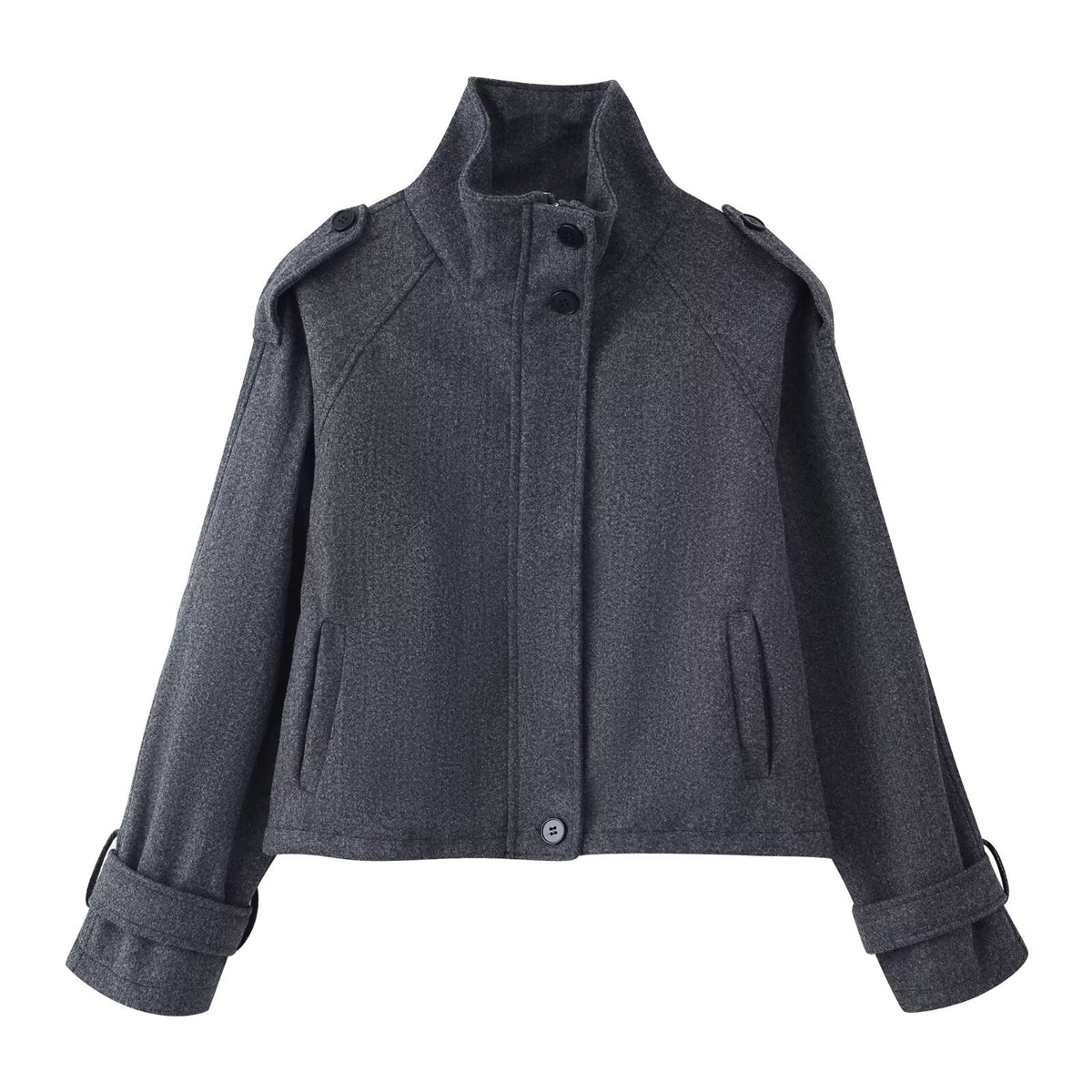 Women Short Wool Blend Jacket with Stand-Up Collar, Shoulder Flaps and Adjustable Cuffs Fashion Glam