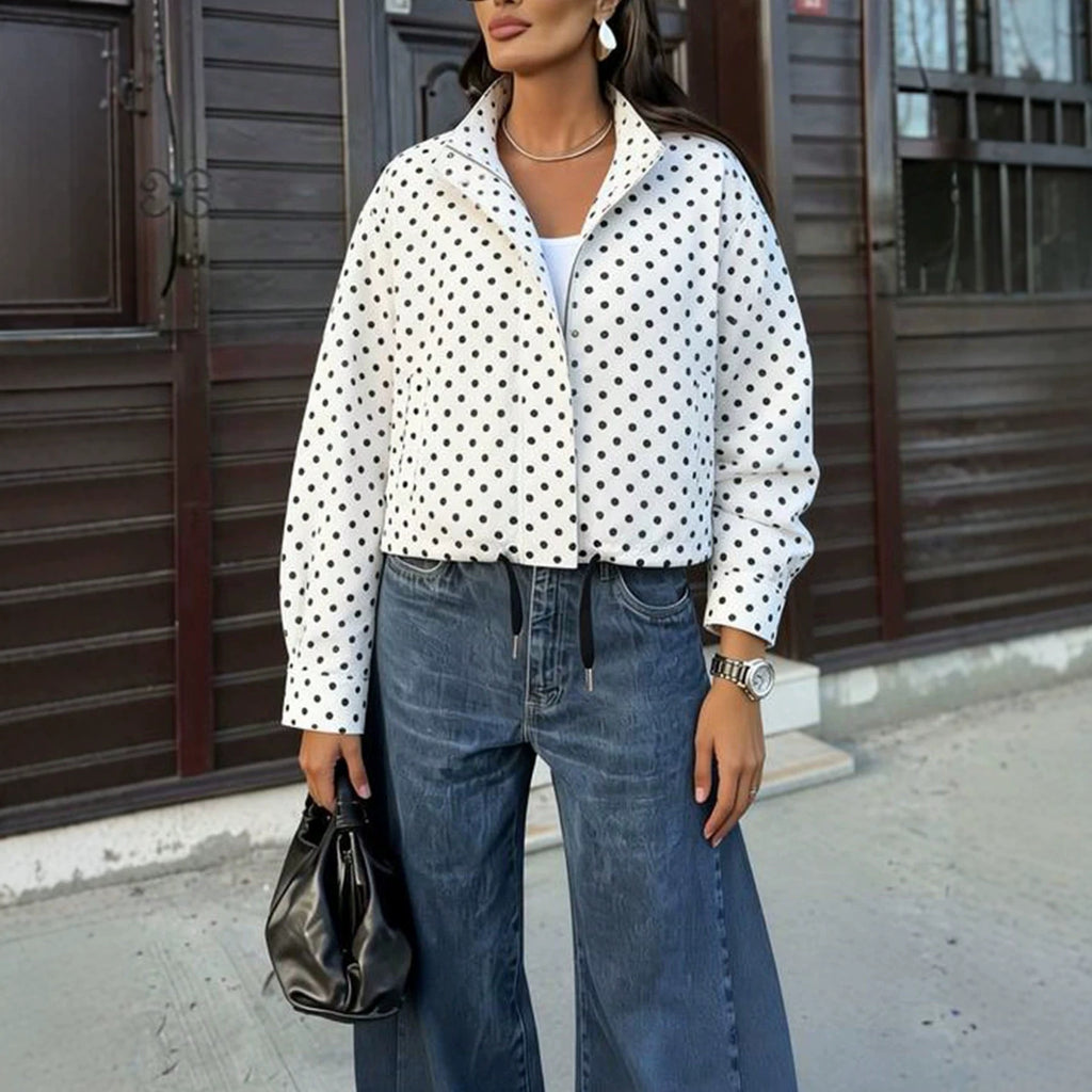 Women Polka Dot Blouse with Stand-up Collar and Balloon Sleeves Fashion Glam