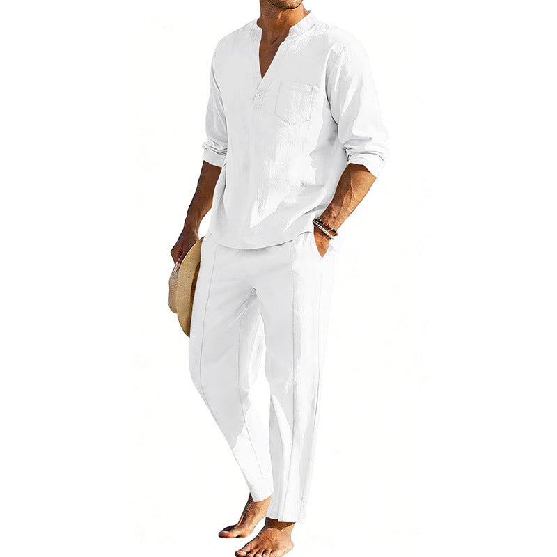 Men's comfortable linen two-piece with stand-up collar shirt and tapered ankle-length pants Fashion Glam