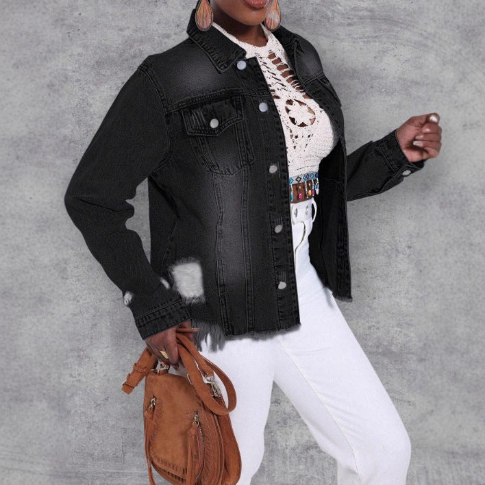 Women's Distressed Denim Jacket with Frayed Hem and Relaxed Fit Fashion Glam