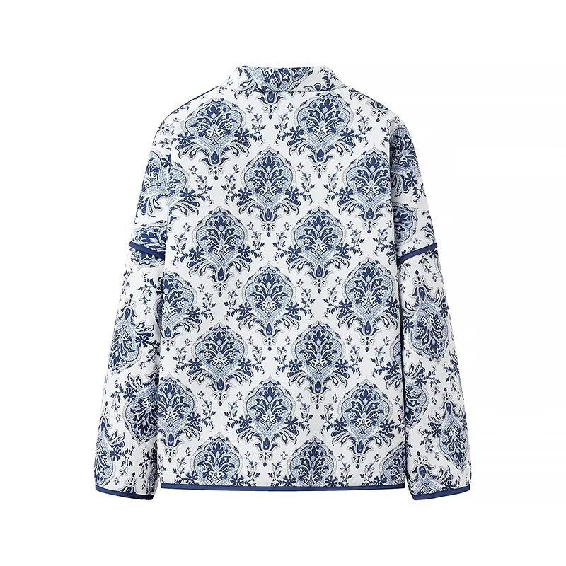 Women's Padded Kimono Jacket with Ornamental Print, Contrasting Trim and Waist Belt Fashion Glam