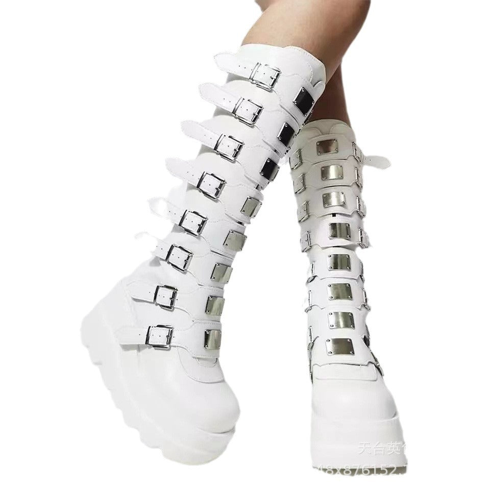 Women's platform knee-high gothic biker boots with multiple buckles and metal plates Fashion Glam