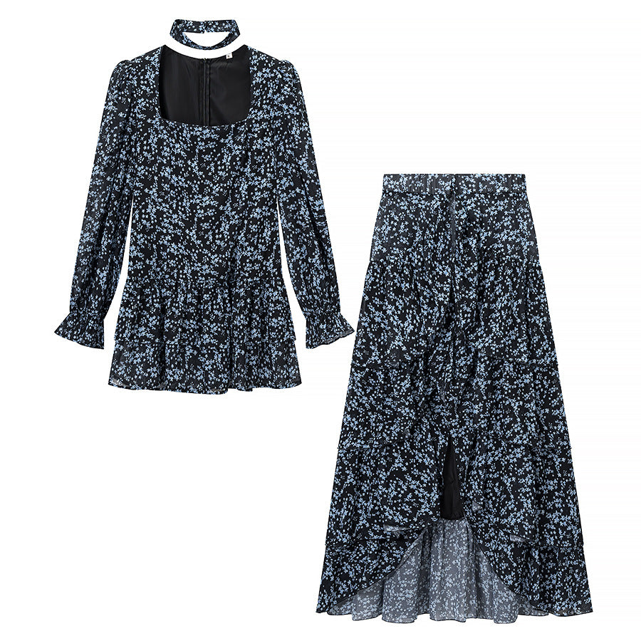 Women’s Two-Piece Chiffon Set – Tailored Ruffle Blouse with Square Neckline, Choker and Tiered Wrap Maxi Skirt Fashion Glam