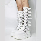 Women's platform knee-high gothic biker boots with multiple buckles and metal plates Fashion Glam