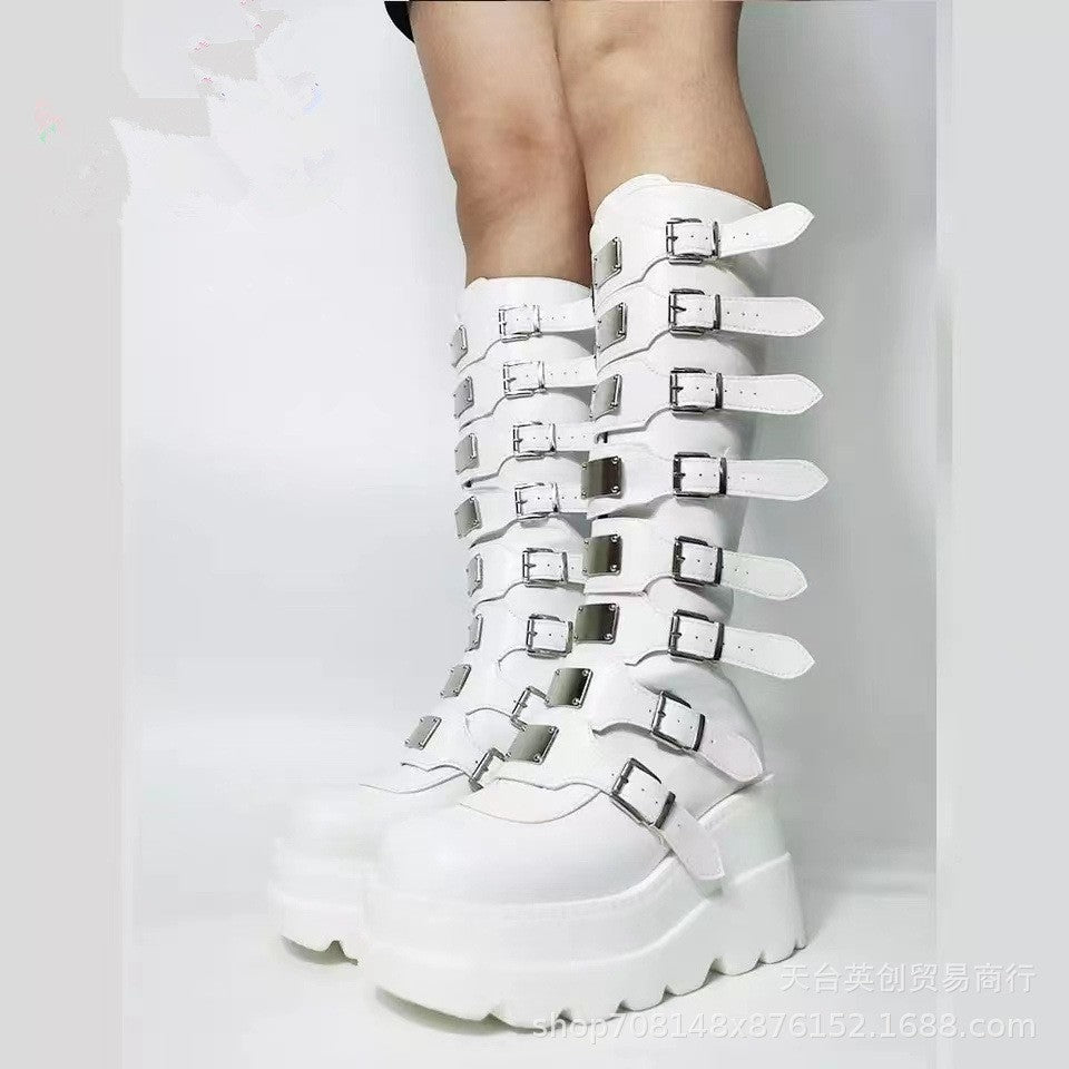 Women's platform knee-high gothic biker boots with multiple buckles and metal plates Fashion Glam