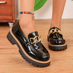 Women's Shiny Slip-On Loafers with Chunky Profile Sole and Decorative Chain Fashion Glam