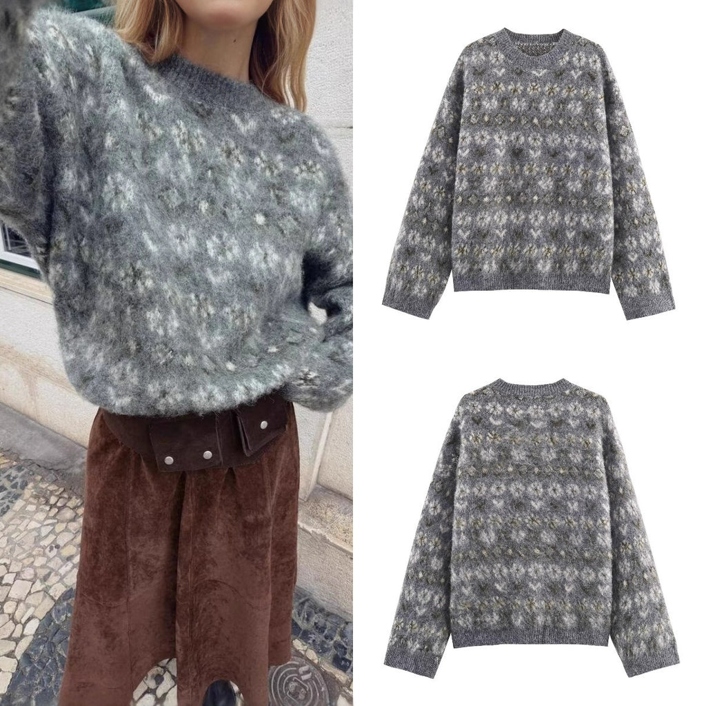Women Oversize Jacquard Sweater made of soft Mohair mix with round neck Fashion Glam
