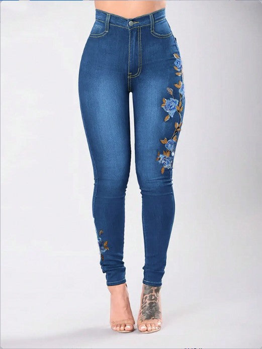 Women High-Waisted Sculpting Skinny Jeans with Side Floral Embroidery Fashion Glam