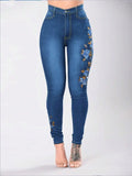 Women High-Waisted Sculpting Skinny Jeans with Side Floral Embroidery Fashion Glam