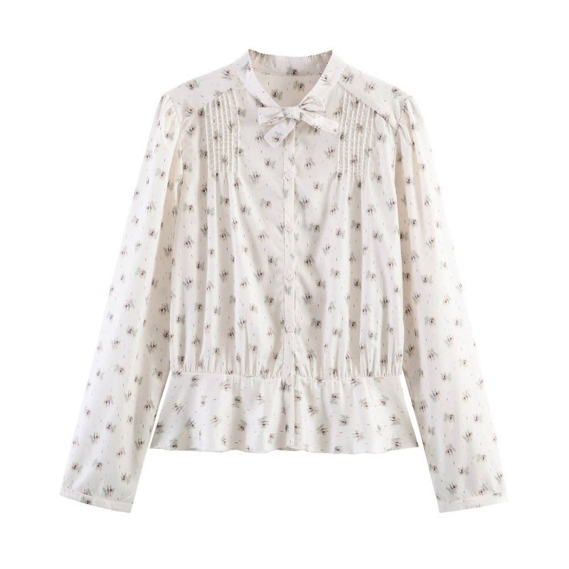 Women's Lightweight Viscose Blouse with Stand Collar, Ribbon Tie and Chest Pleats Fashion Glam