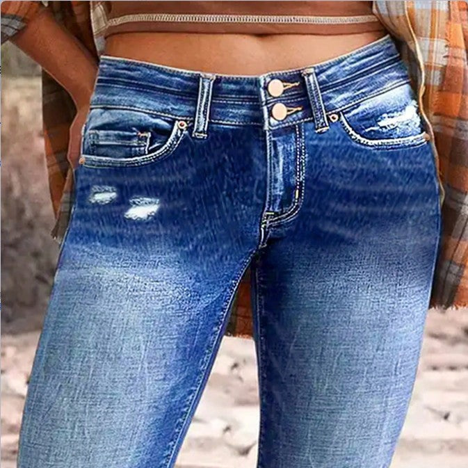 Women's high-waisted Slim-Cropped Jeans with raw hem, Used-Wash and elastic comfort waistband Fashion Glam