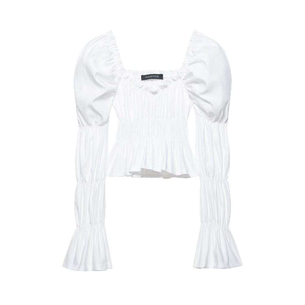 Women's Ruched Carmen Crop Top with Puff Sleeves, Smocked Waist and Tiered Sleeves Fashion Glam