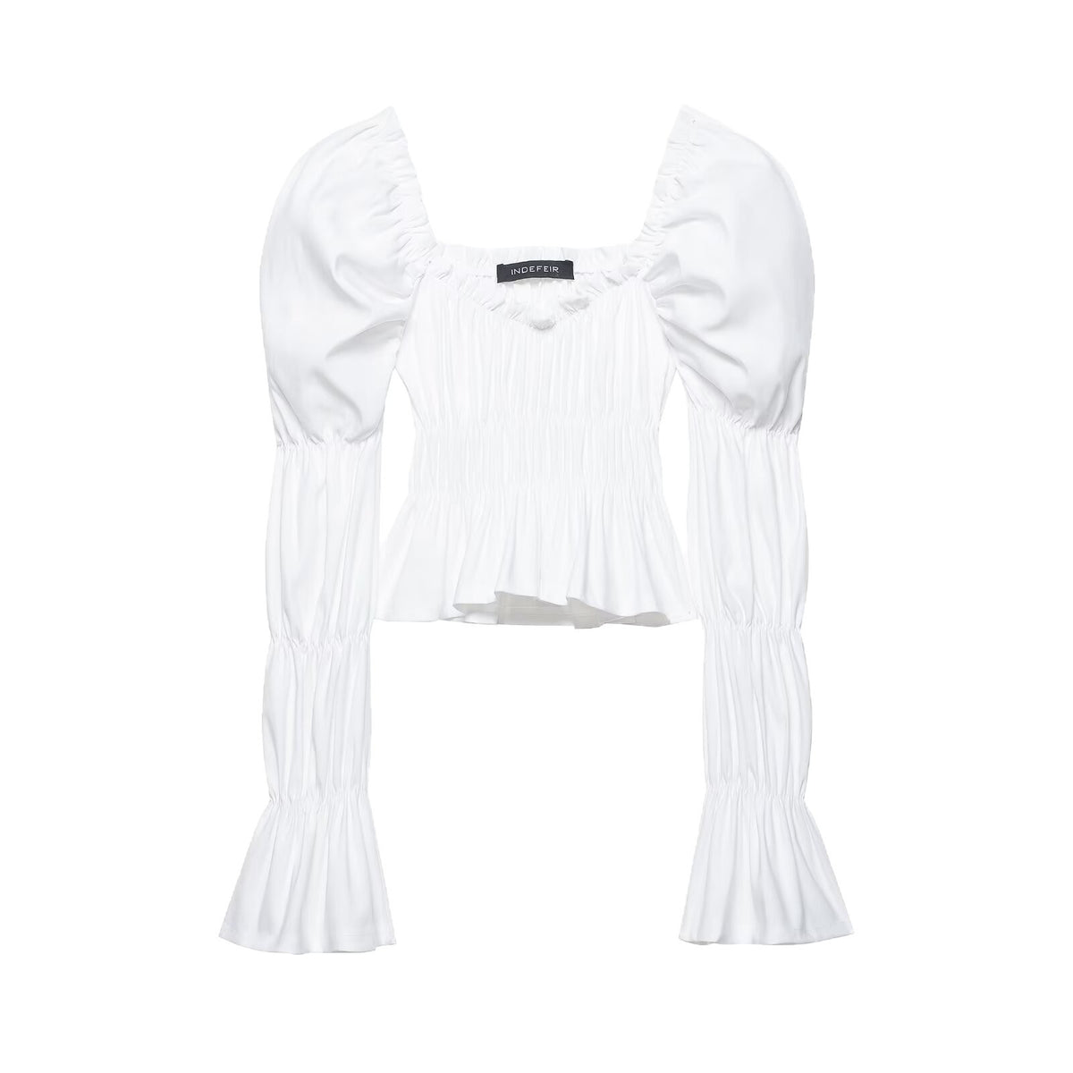 Women's Ruched Carmen Crop Top with Puff Sleeves, Smocked Waist and Tiered Sleeves Fashion Glam