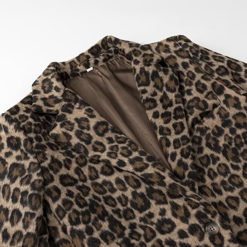 Women's Loose Blazer Coat with Leopard Print and Flap Pockets Fashion Glam