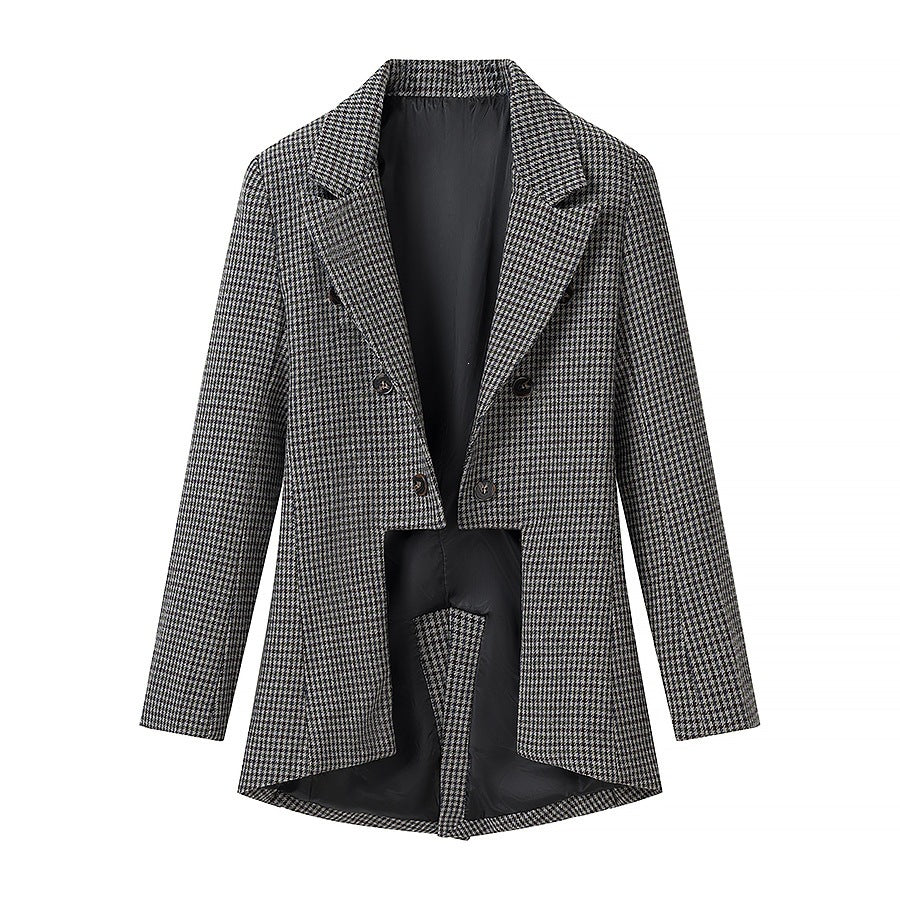 Women Houndstooth Blazer Inspired by Morning Coat with Cutaway Hem and Double-Breasted Button Placket Fashion Glam