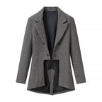 Women Houndstooth Blazer Inspired by Morning Coat with Cutaway Hem and Double-Breasted Button Placket Fashion Glam