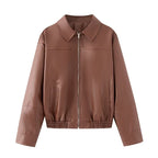 Women Boxy Faux Leather Blouson Jacket with Shirt Collar, Zipper and Elastic Hem Fashion Glam