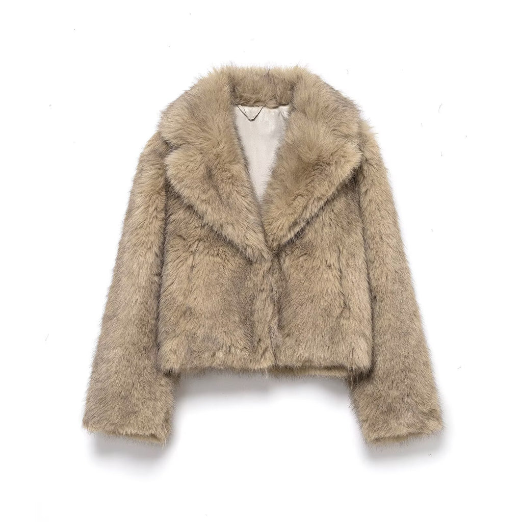 Women Short Cut Faux Fur Coat with Wide Lapel Collar Fashion Glam