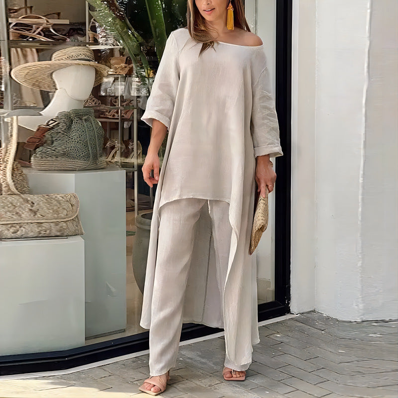 Women's airy linen-blend tunic set with wide palazzo pants Fashion Glam