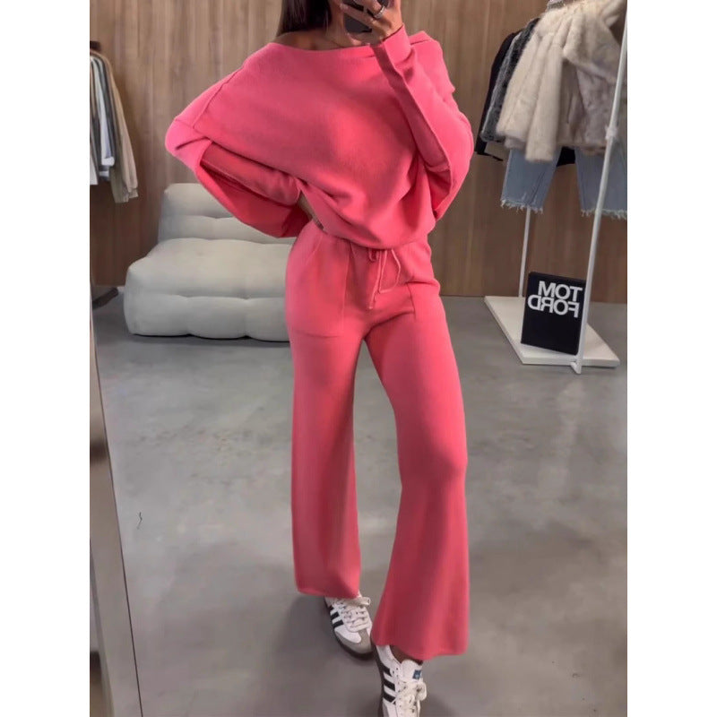 Women's Knit Loungewear Set with Oversized Shoulder, Wide Leg and Drawstring Fashion Glam