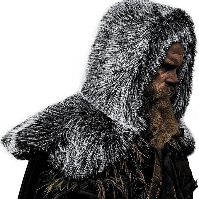 Men's hooded cloak made of dense faux fur with wide shoulder trim and warm interior lining Fashion Glam